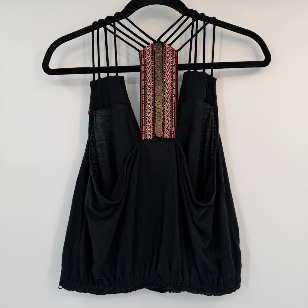 Free People We The Free Black Coin Beaded Cage Back Tank Top Medium Gypsy Boho - Picture 7 of 11